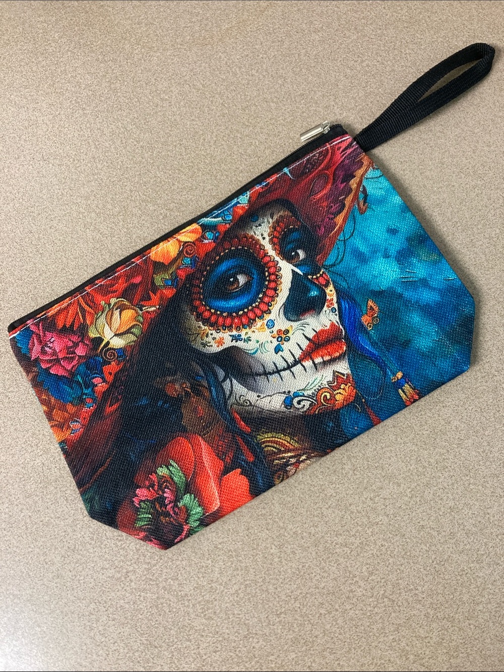 Sugar Skull Cosmetic Pouch in Blue & Multicolor